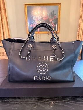 Chanel Black Studded Douville Leather Tote Bag